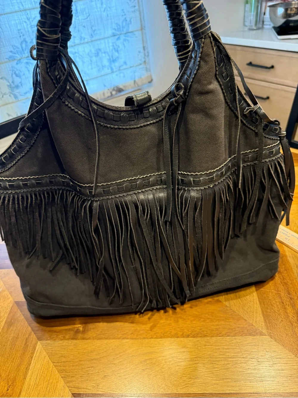 Denim & Supply Ralph Lauren Black Fringe Tote Bag with Braided Handles *desc*